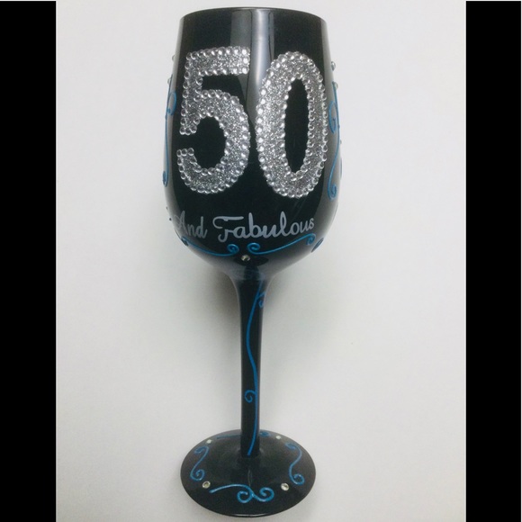 BOTTOMS UP CO. - HAND PAINTED - RHINESTONED - BLACK - 50th BIRTHDAY - WINE GLASS - Picture 3 of 5